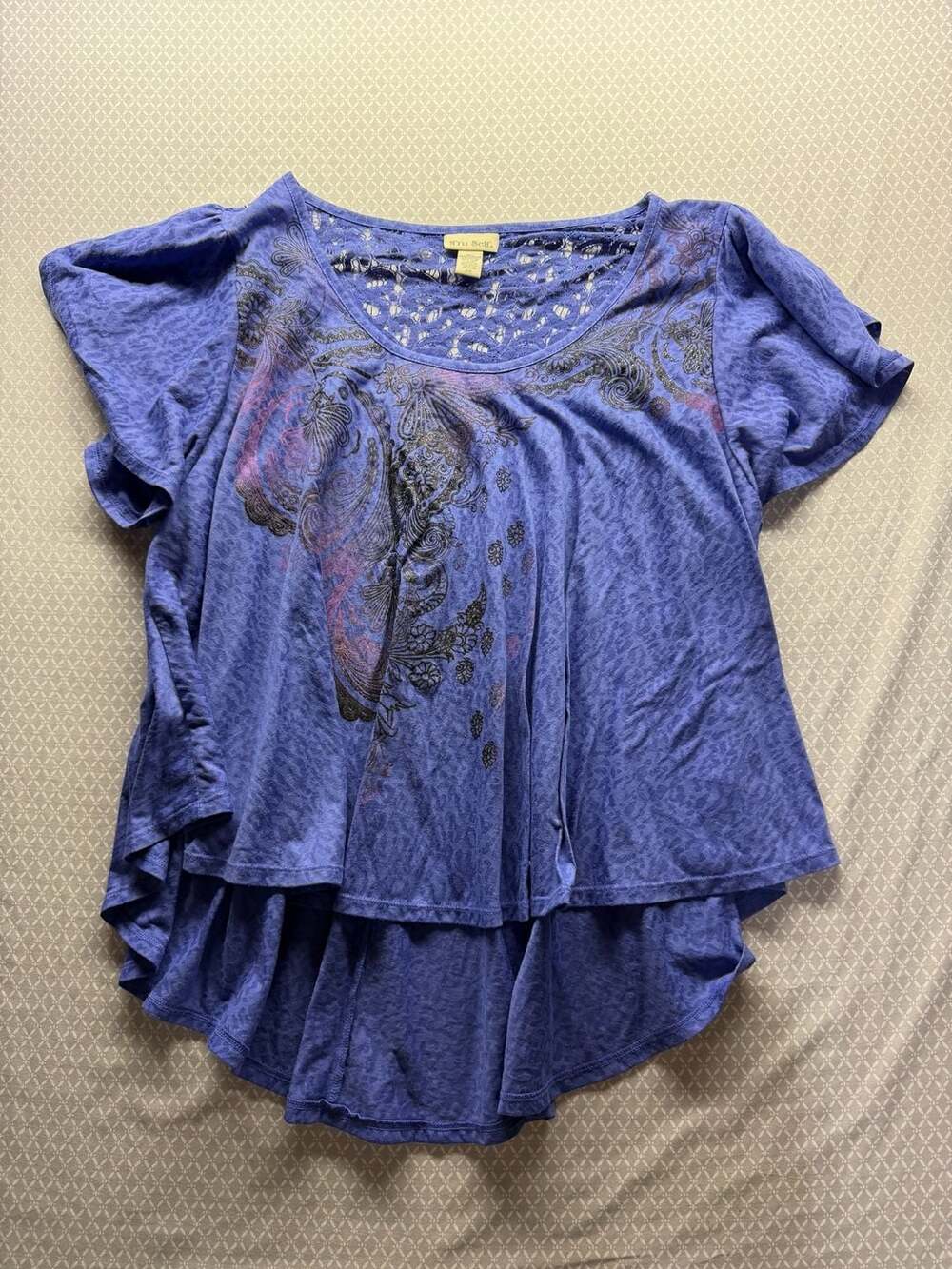 Tru Self Women's Plus Size 2X Purple Short Sleeve Flutter Top with Lace Back